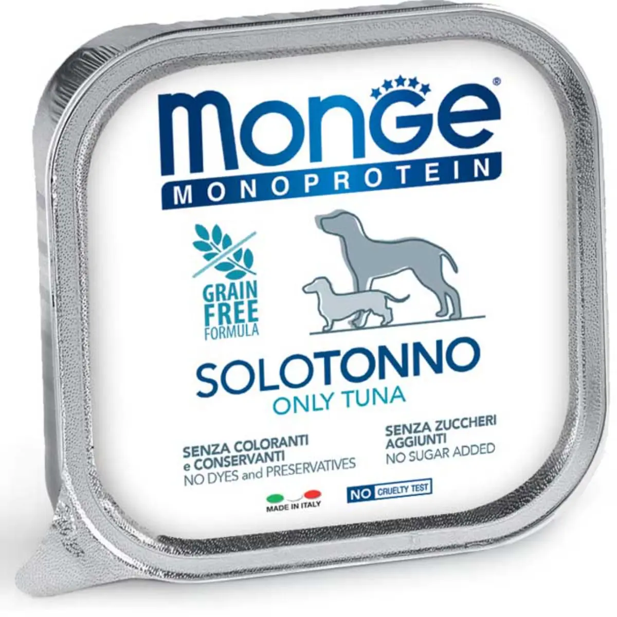 MONGE Monoprotein, XS-XL, Ton, tavita hrana umeda monoproteica fara cereale caini, (pate), bax, 150g x 24buc