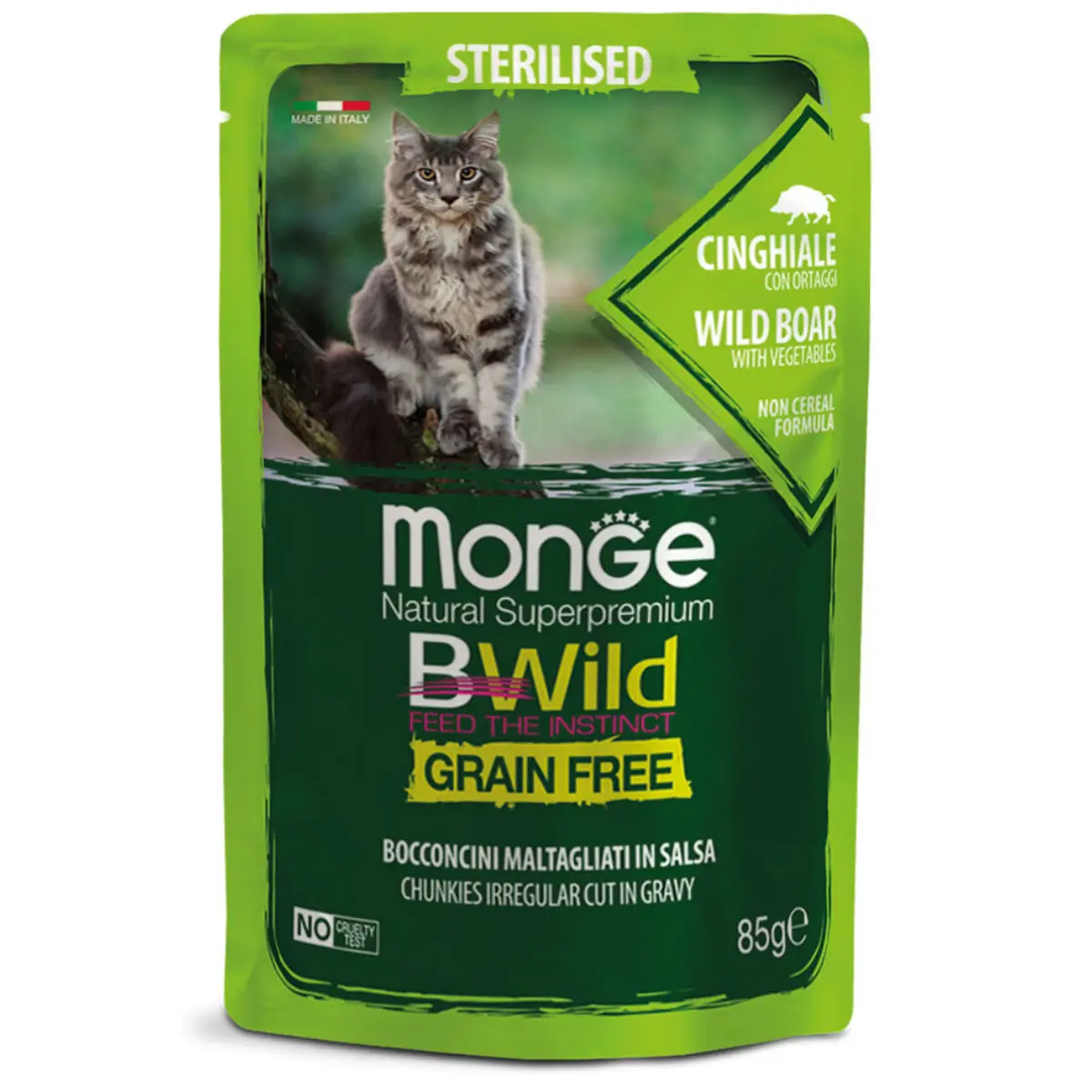 MONGE BWild Sterilised, Mistret si Legume, plic hrana umeda fara cereale pisici sterilizate, (in sos), 85g