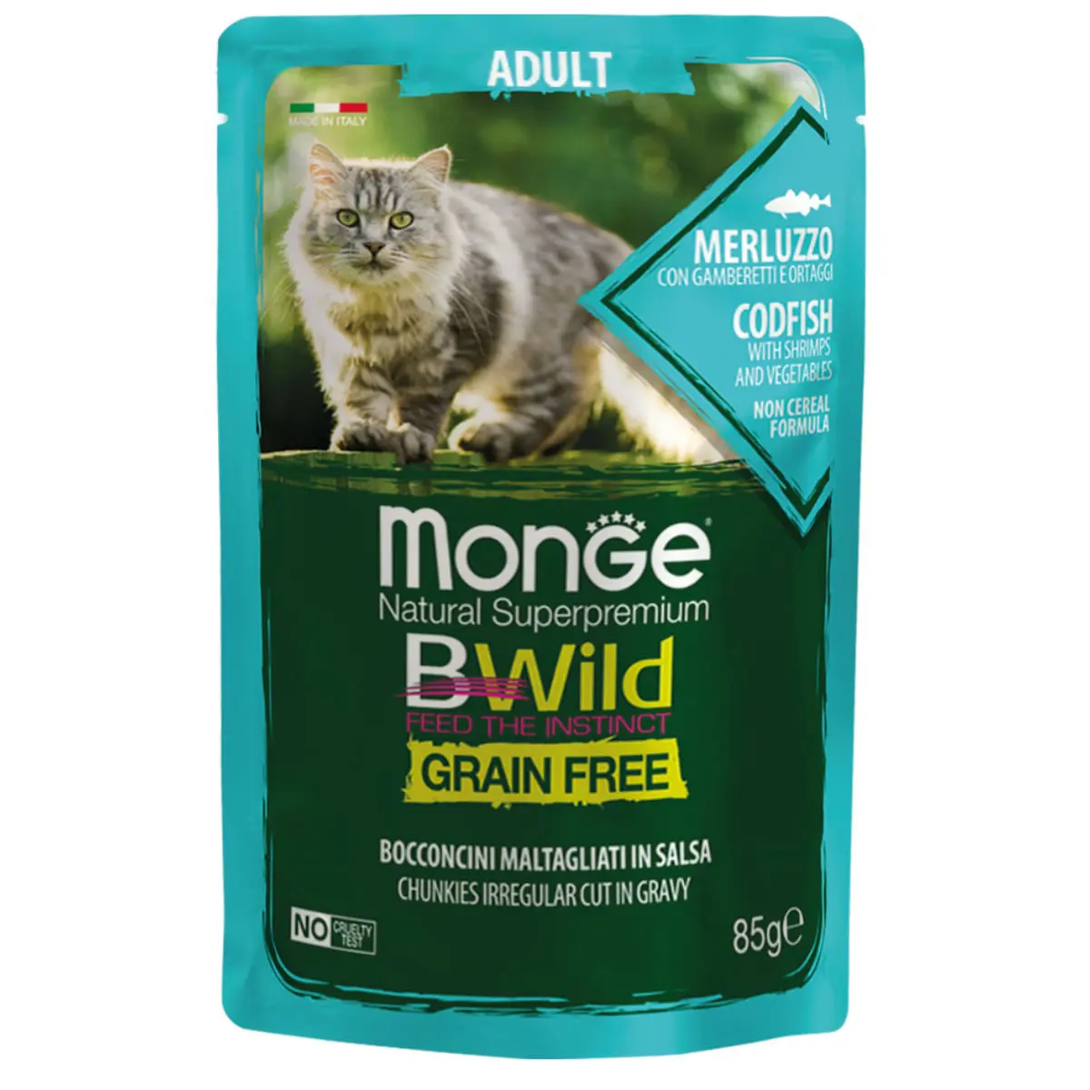MONGE BWild, Cod si Creveti, plic hrana umeda fara cereale pisici, (in sos), 85g - Image 2