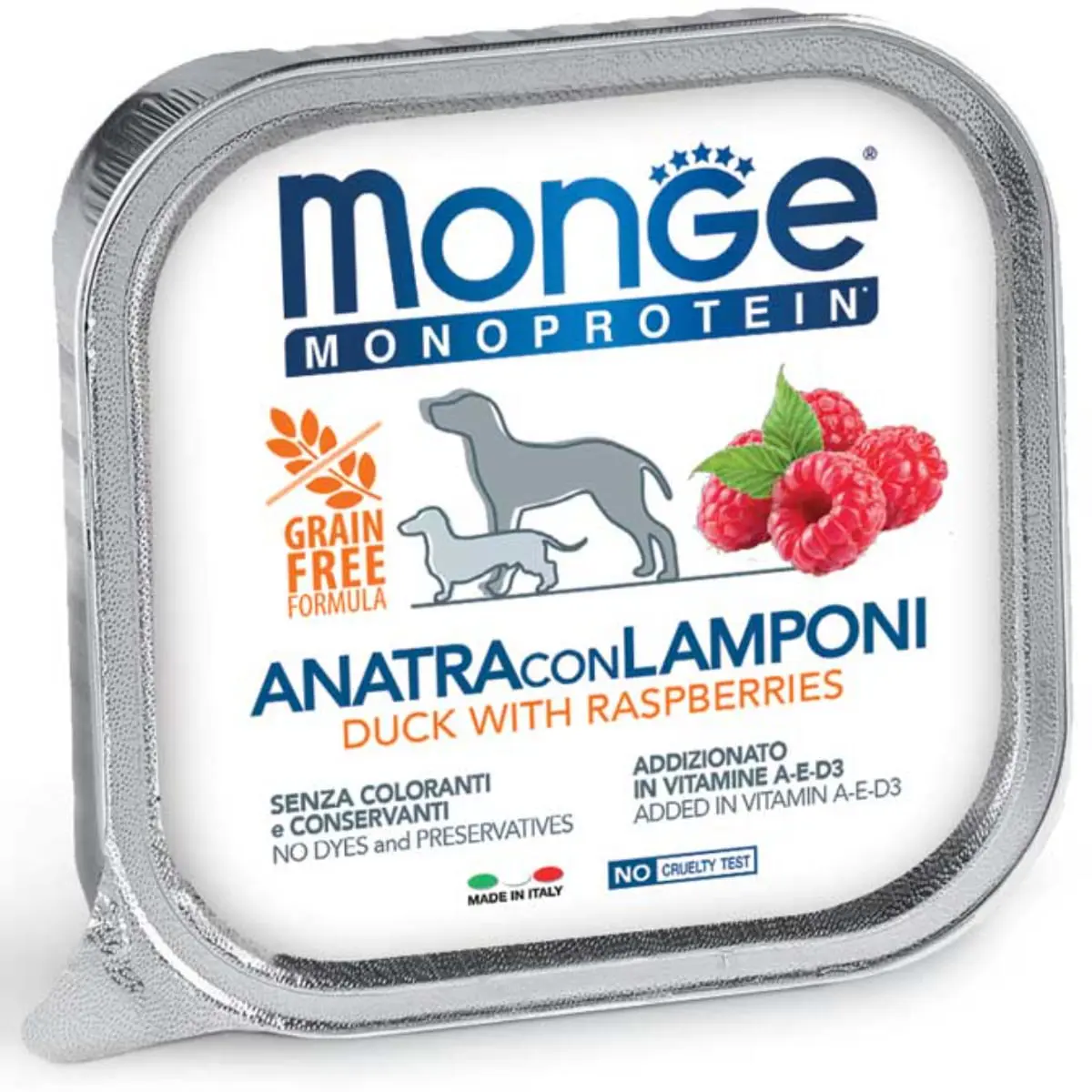 MONGE Monoprotein, XS-XL, Rata si Zmeura, tavita hrana umeda monoproteica fara cereale caini, (pate), 150g