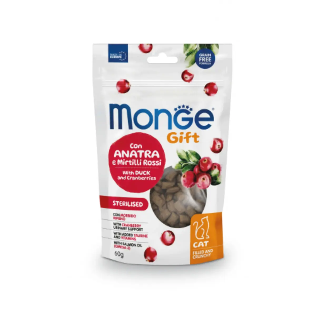 MONGE Gift Sterilised  Filled & Crunchy, Rata si Merisoare, punguta recompense functionale fara cereale pisici sterilizate, 60g