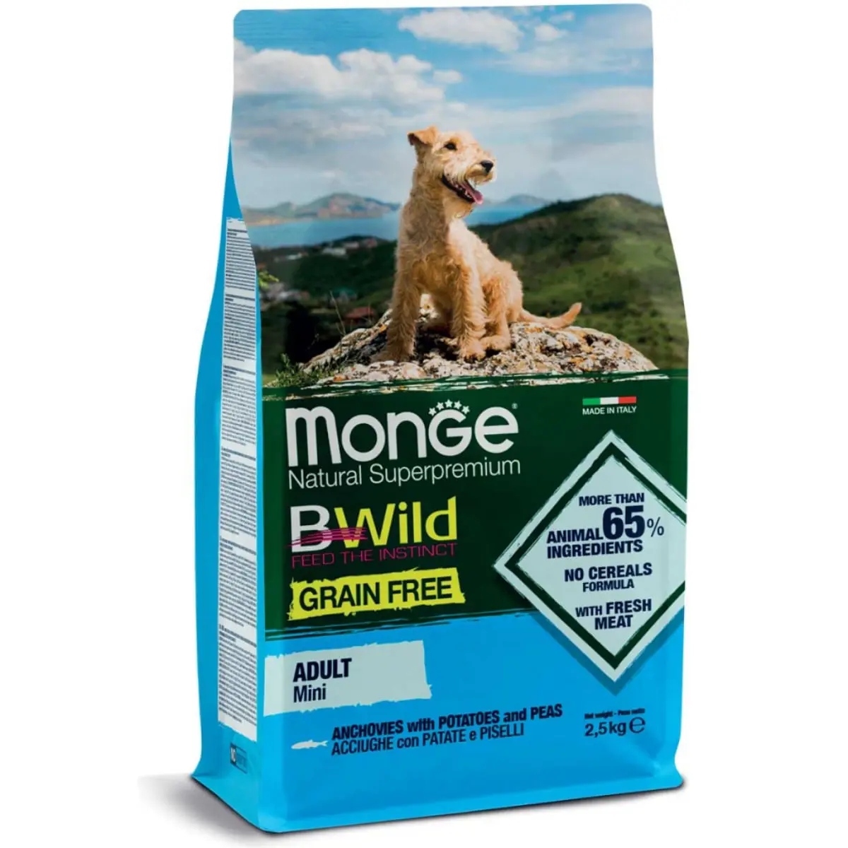 MONGE BWild Adult Mini, XS-S, Ansoa si Cartofi, hrana uscata fara cereale caini, 2.5kg