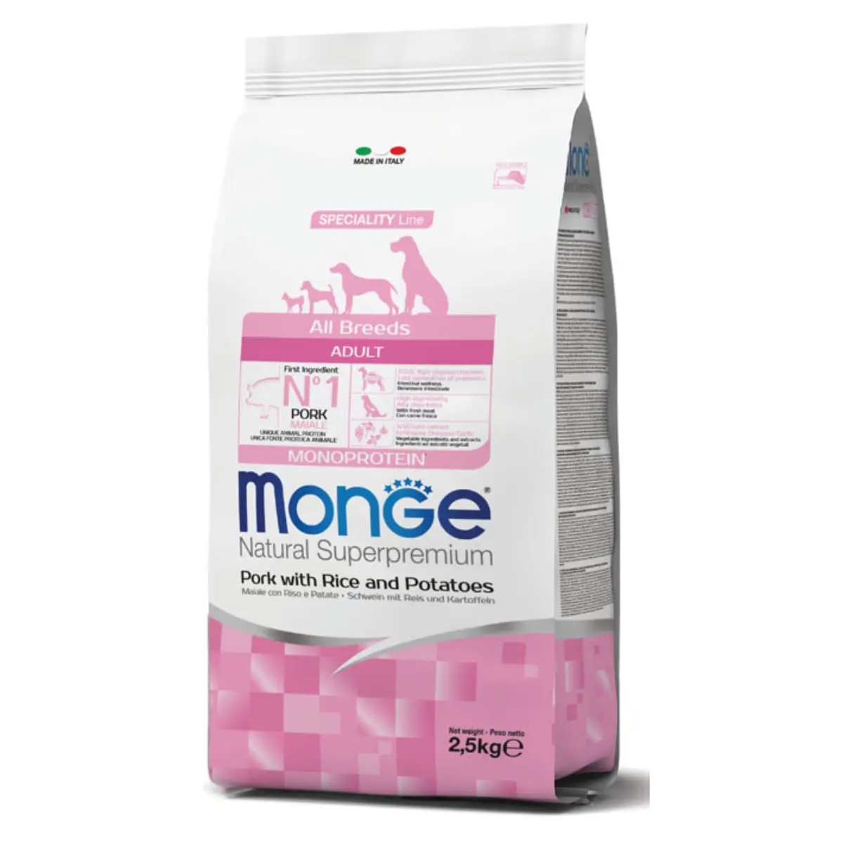 MONGE Natural Superpremium Monoprotein, XS-XL, Porc si Orez, hrana uscata caini, 12kg