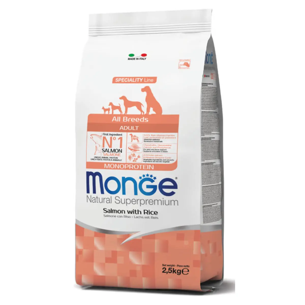 MONGE Natural Superpremium Monoprotein, XS-XL, Somon si Orez, hrana uscata caini, 2.5kg