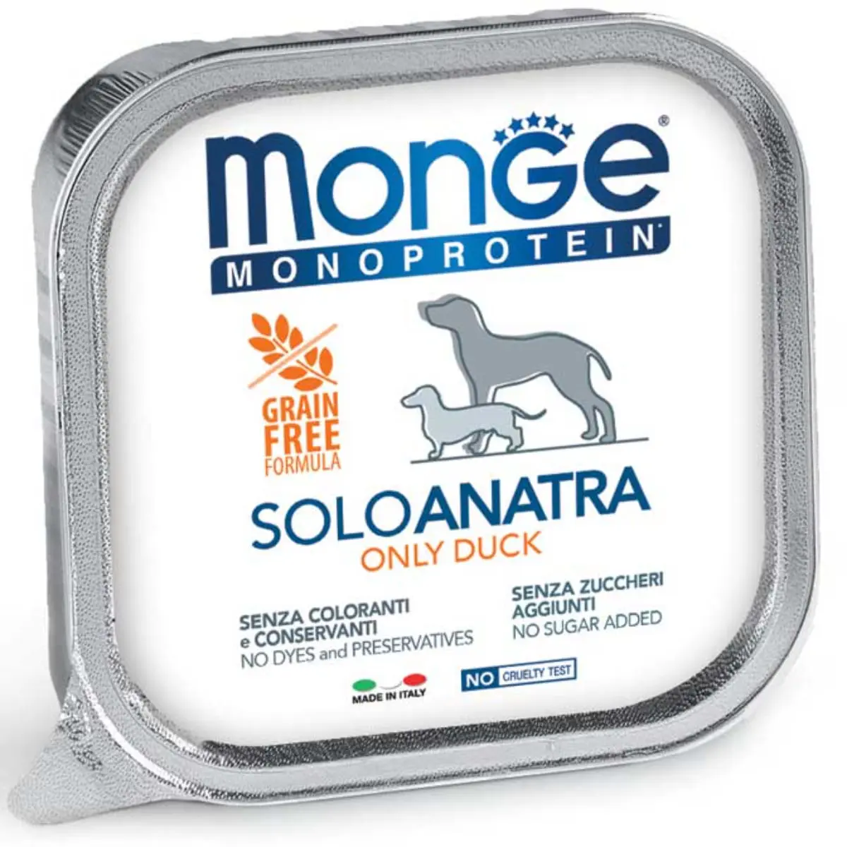 MONGE Monoprotein, XS-XL, Rata, tavita hrana umeda monoproteica fara cereale caini, (pate), 150g