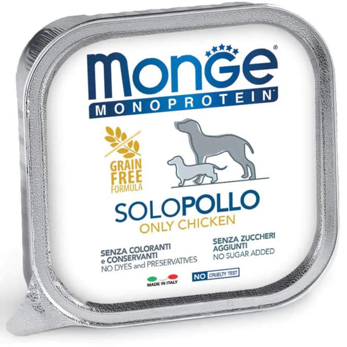 MONGE Monoprotein, XS-XL, Pui, tavita hrana umeda monoproteica fara cereale caini, (pate), 150g