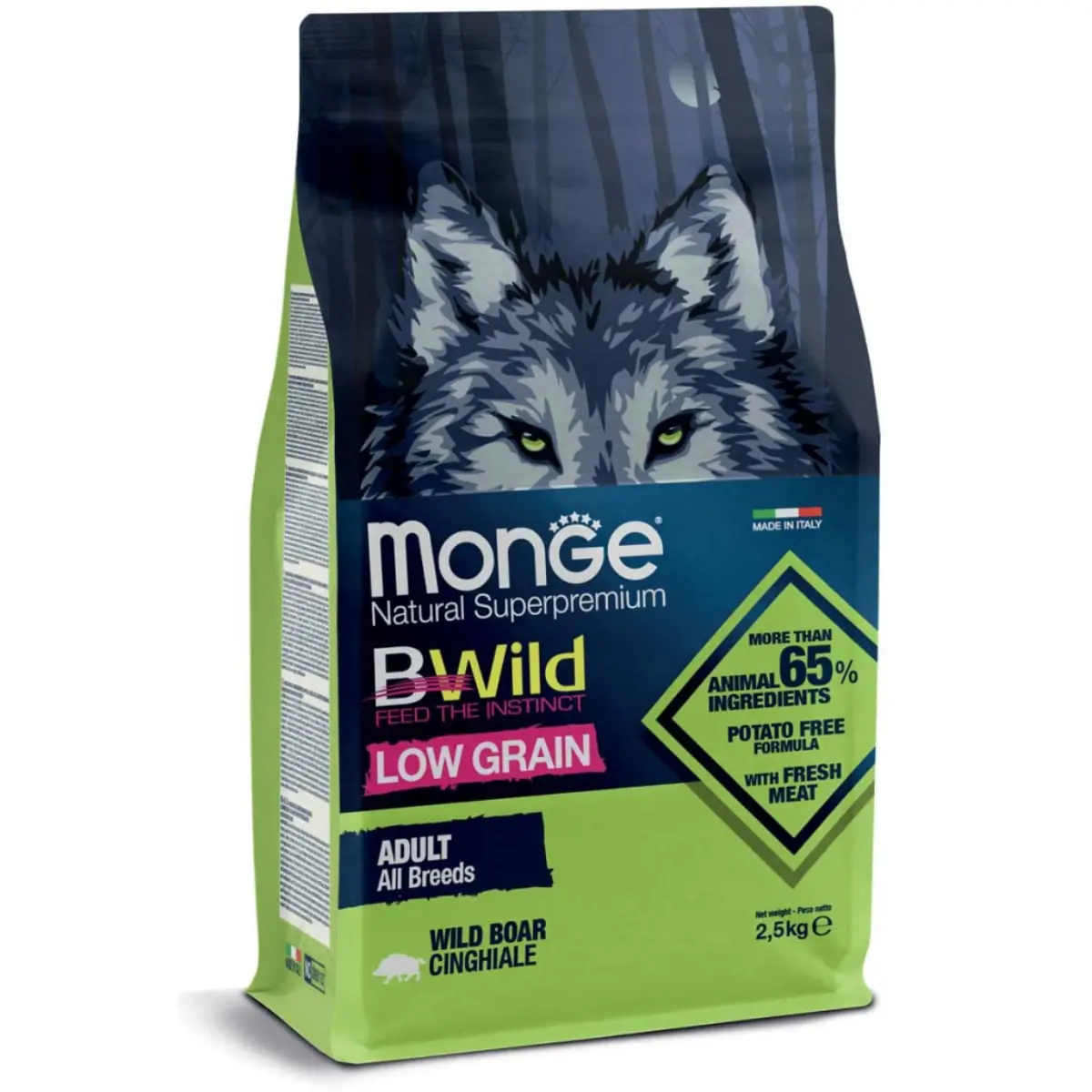 MONGE BWild, XS-XL, Mistret, hrana uscata continut redus cereale caini, 2.5kg