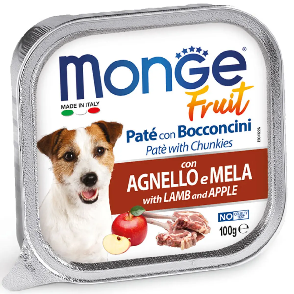 MONGE Fruit, XS-XL, Miel si Mere, tavita hrana umeda fara cereale caini, (in suc propriu), bax, 100g x 32buc