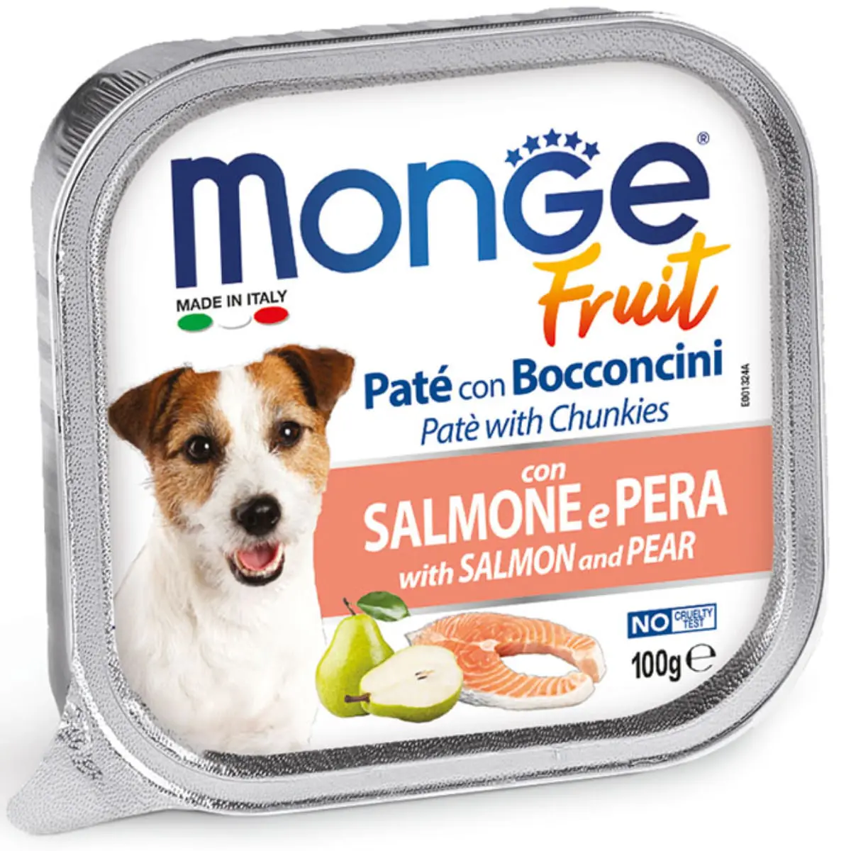 MONGE Fruit, XS-XL, Somon si Pere, tavita hrana umeda fara cereale caini, (in suc propriu), 100g