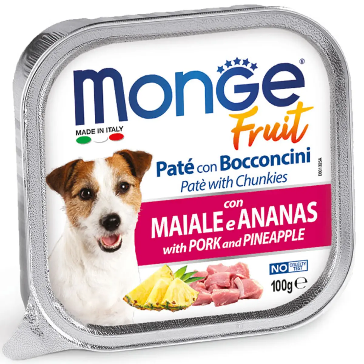 MONGE Fruit, XS-XL, Porc si Ananas, tavita hrana umeda fara cereale caini, (in suc propriu), 100g