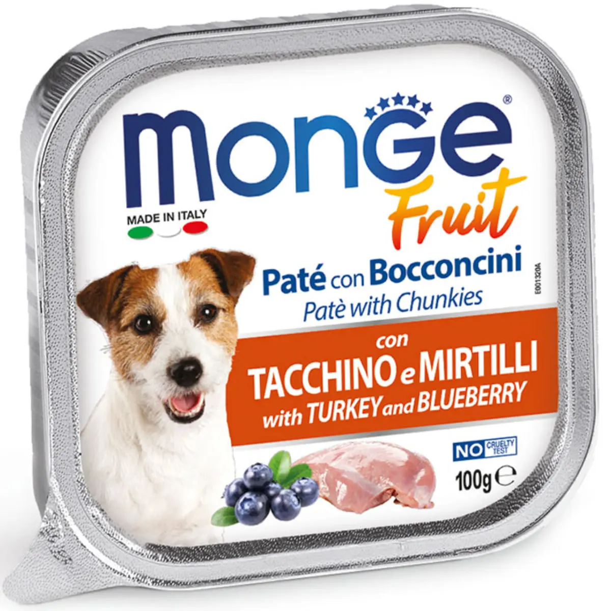 MONGE Fruit, XS-XL, Curcan si afine, tavita hrana umeda fara cereale caini, (in suc propriu), bax, 100g x 32buc