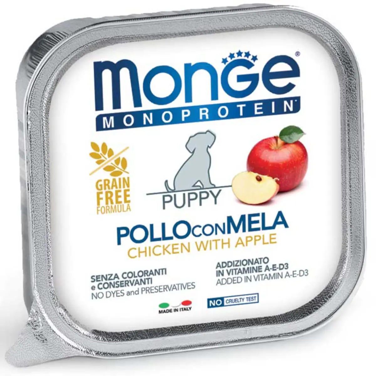 MONGE Monoprotein Puppy&Junior, XS-XL, Pui si Mar, tavita hrana umeda monoproteica fara cereale caini junior, (pate), bax, 150g x 24buc