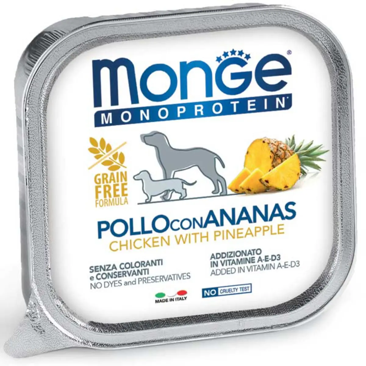 MONGE Monoprotein, XS-XL, Pui si Ananas, tavita hrana umeda monoproteica fara cereale caini, (pate), 150g