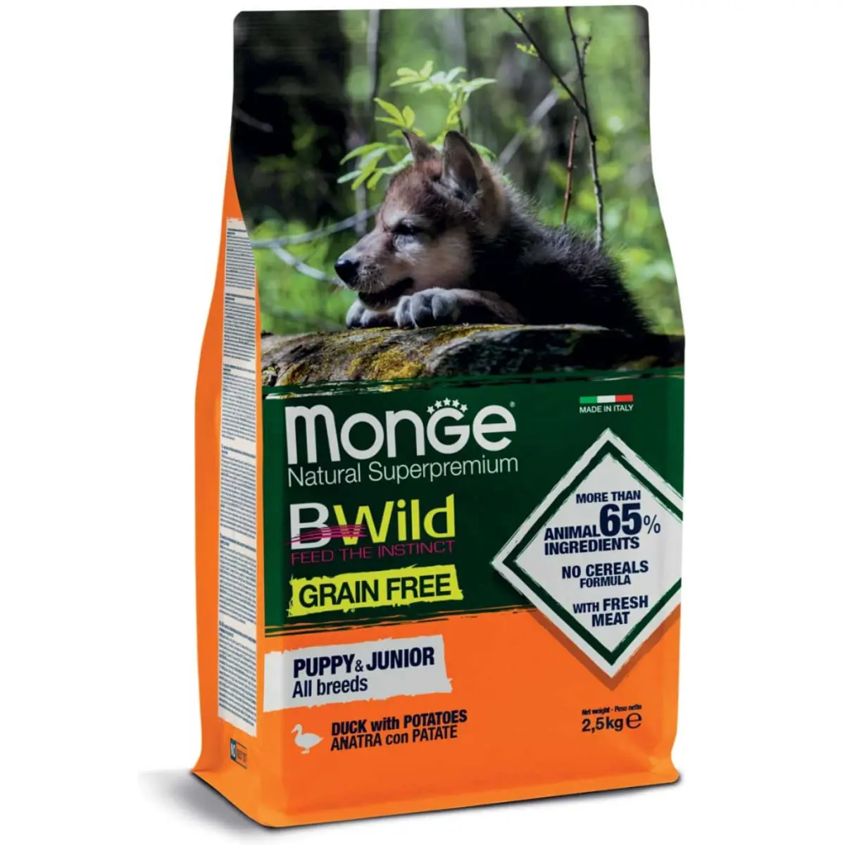 MONGE BWild Puppy & Junior, XS-XL, Rata si Cartofi, hrana uscata fara cereale caini junior, 2.5kg
