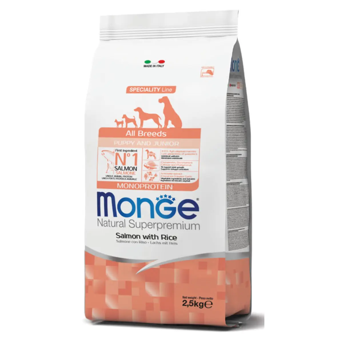 MONGE Natural Superpremium Monoprotein Puppy&Junior, XS-XL, Somon si Orez, hrana uscata caini junior, 12kg