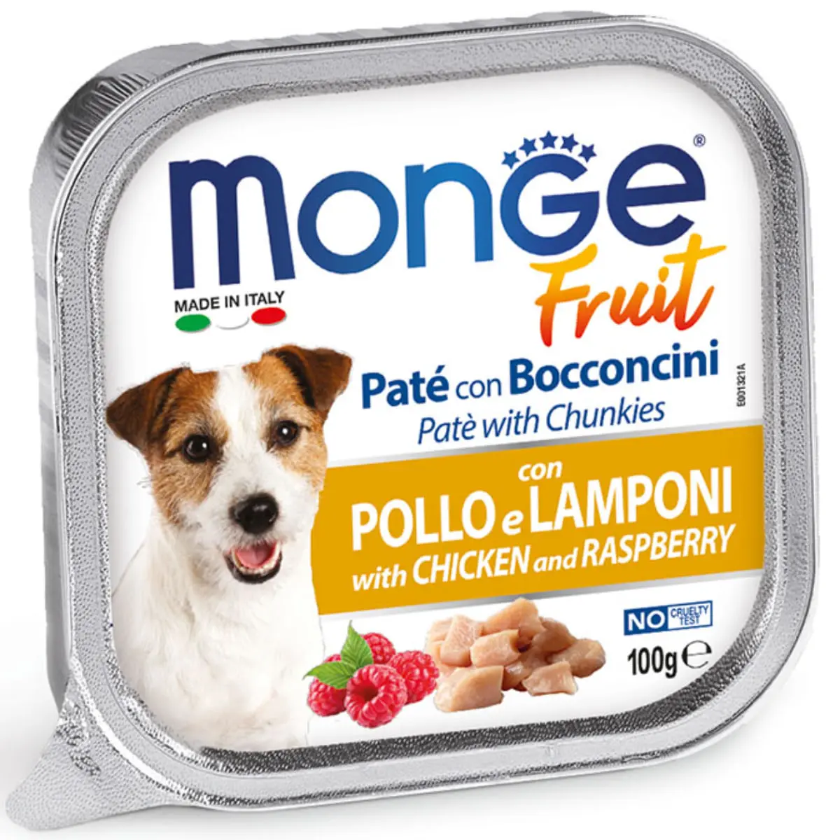MONGE Fruit, XS-XL, Pui si Zmeura, tavita hrana umeda fara cereale caini, (in suc propriu), bax, 100g x 32buc