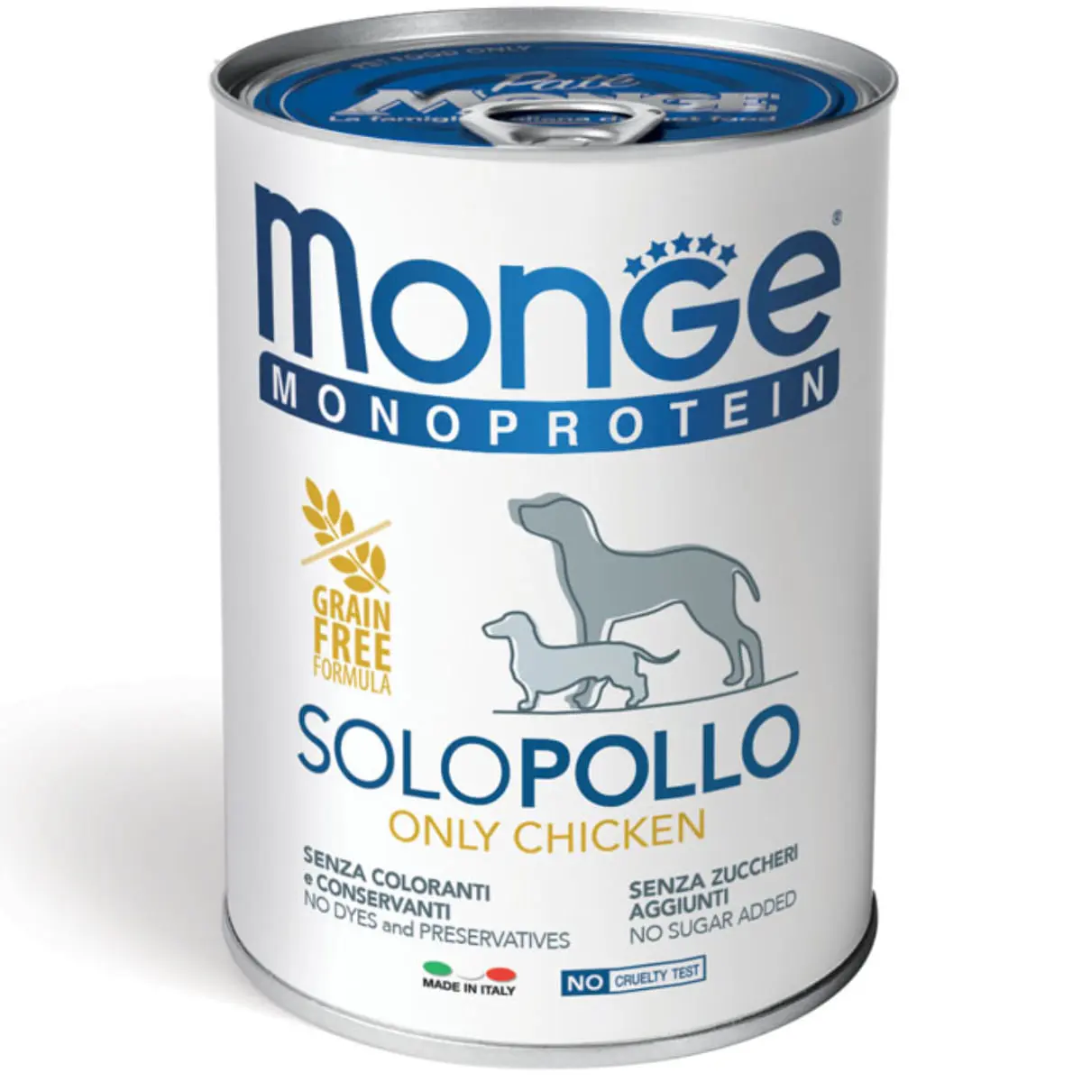 MONGE Monoprotein, XS-XL, Pui, conserva hrana umeda monoproteica fara cereale caini, (pate), 400g