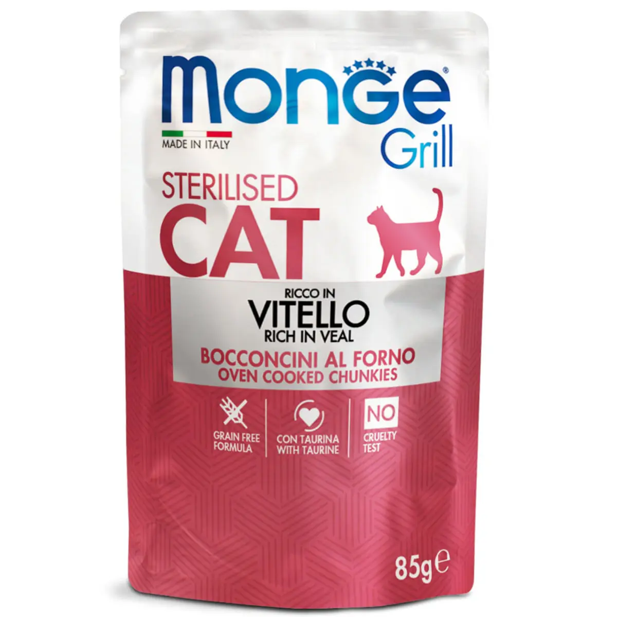 MONGE Grill Sterilised, Vitel, plic hrana umeda fara cereale pisici sterilizate, obezitate, apetit capricios, (in aspic), bax, 85g x 28buc