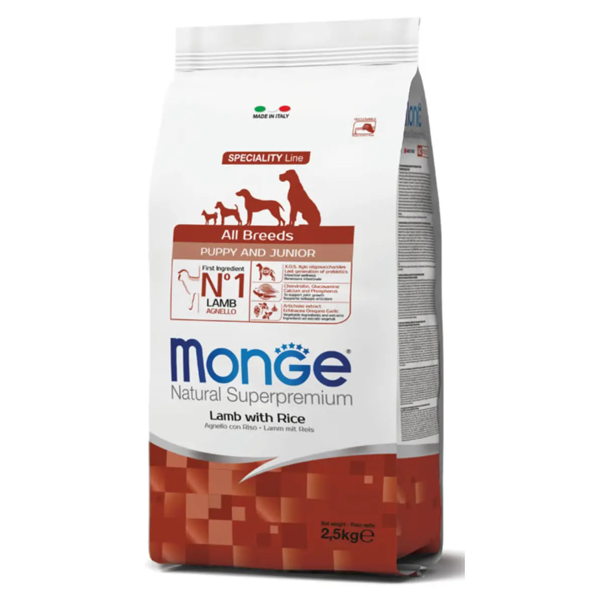 MONGE Natural Superpremium Monoprotein Puppy&Junior, XS-XL, Miel si Orez, hrana uscata caini junior, 12kg