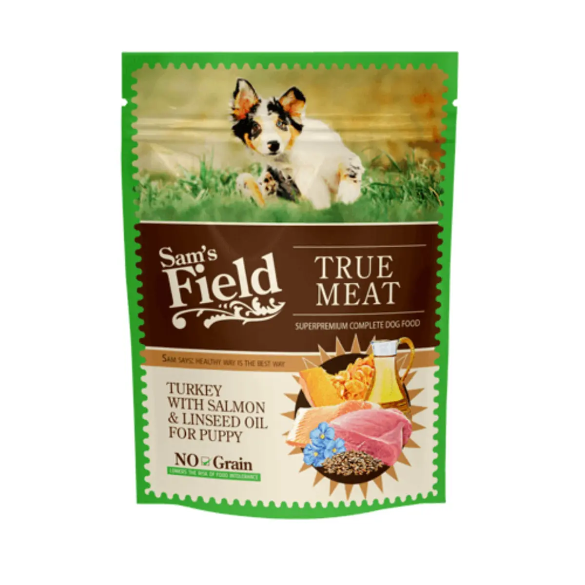 SAM'S FIELD Puppy, XS-XL, Curcan si Somon, plic hrana umeda fara cereale caini junior, (in aspic), 260g - Image 2