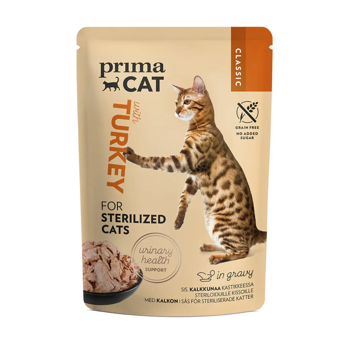 PRIMA CAT Classic Sterilised, Curcan, plic hrana umeda fara cereale pisici sterilizate, (in sos), bax, 85g x 28buc