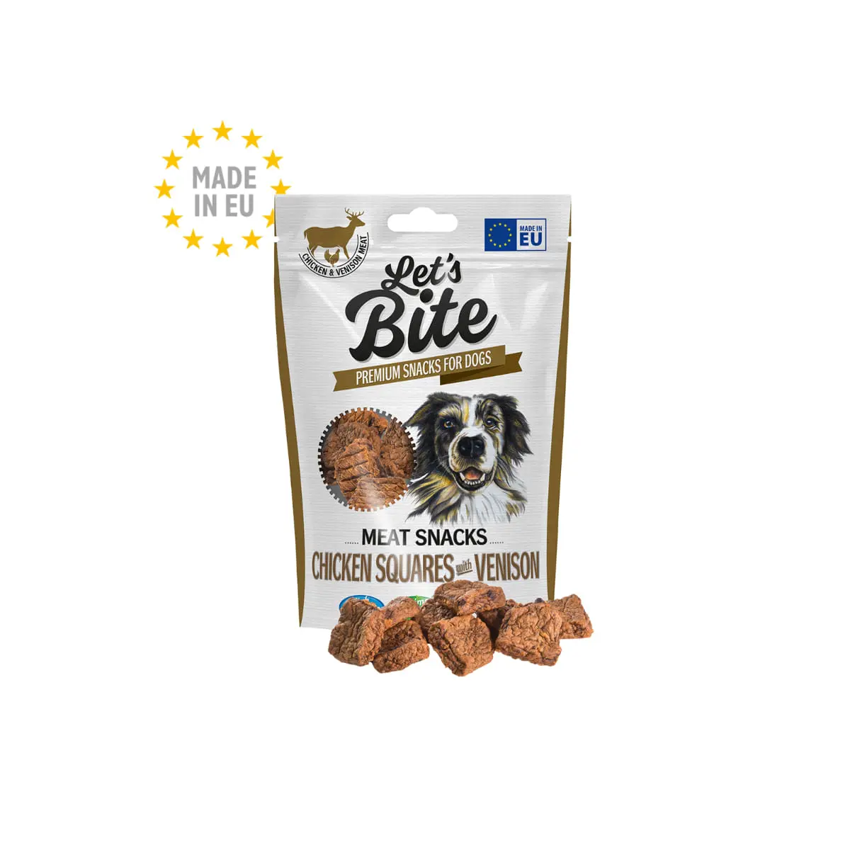 BRIT Let's Bite Meat Snacks Chicken Squares with Venison, XS-XL, Vanat si Pui, punguta recompense fara cereale caini, 80g
