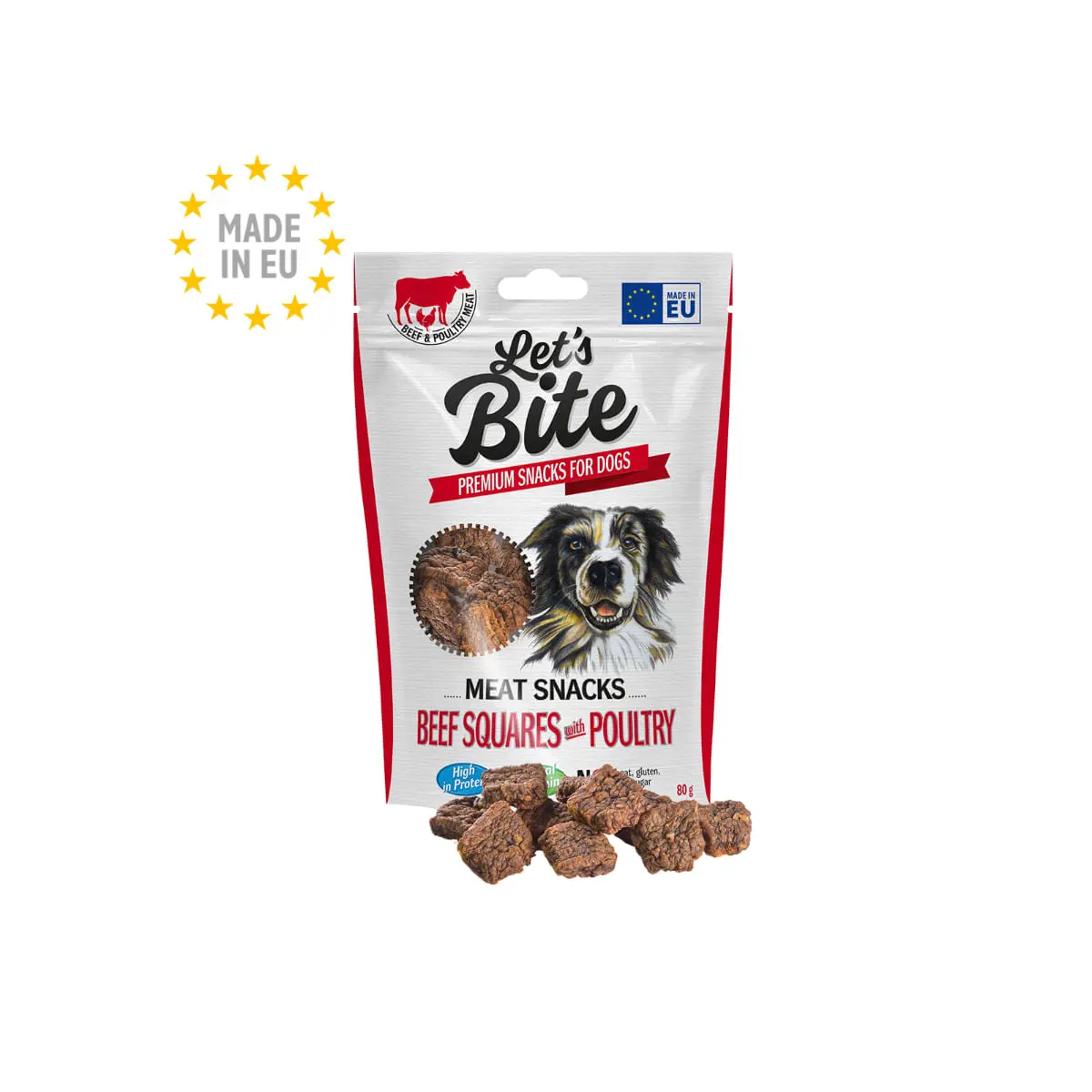 BRIT Let's Bite Meat Snacks Beef Squares with Poultry, XS-XL, Vita si Pui, punguta recompense fara cereale caini, 80g