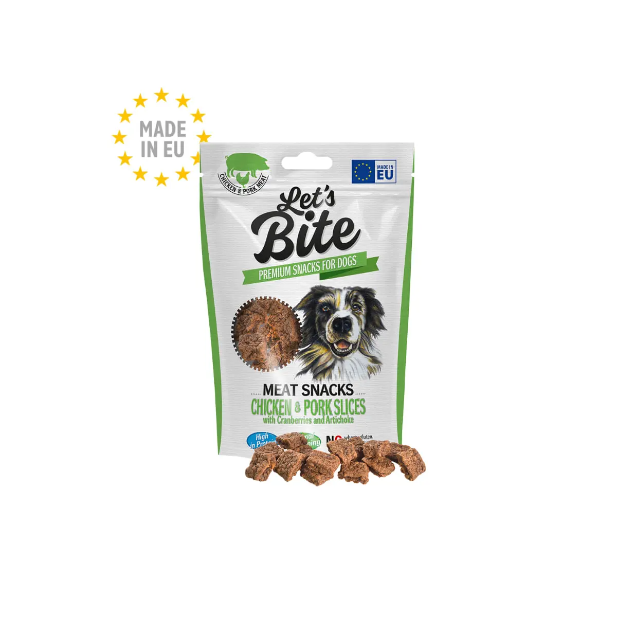 BRIT Let's Bite Meat Snacks Chicken & Pork Slices, XS-XL, Pui si Porc, punguta recompense fara cereale caini, 80g
