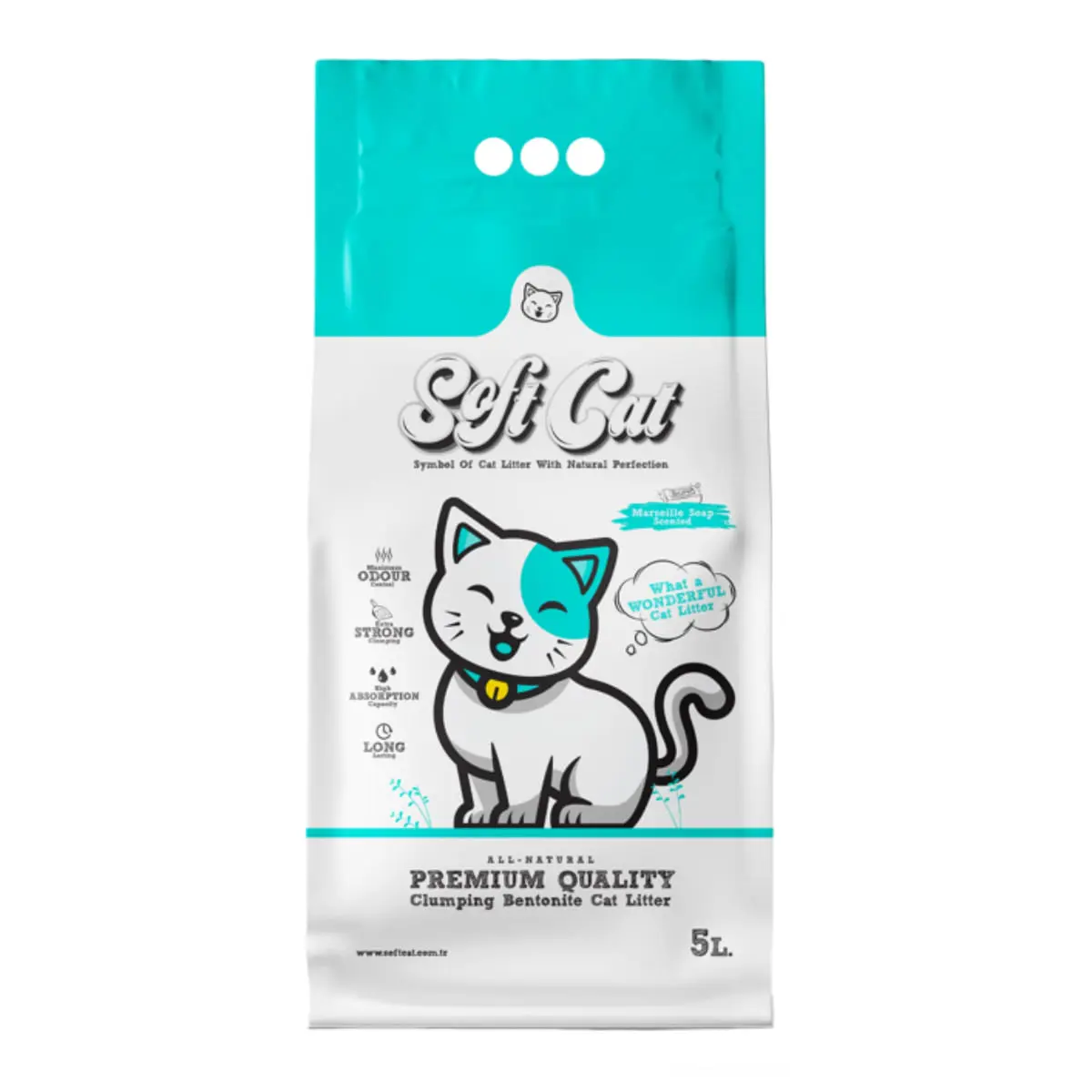 SOFTCAT, sapun Marsilia, asternut igienic pisici, granule, bentonita, aglomerant, neutralizare mirosuri, 5l