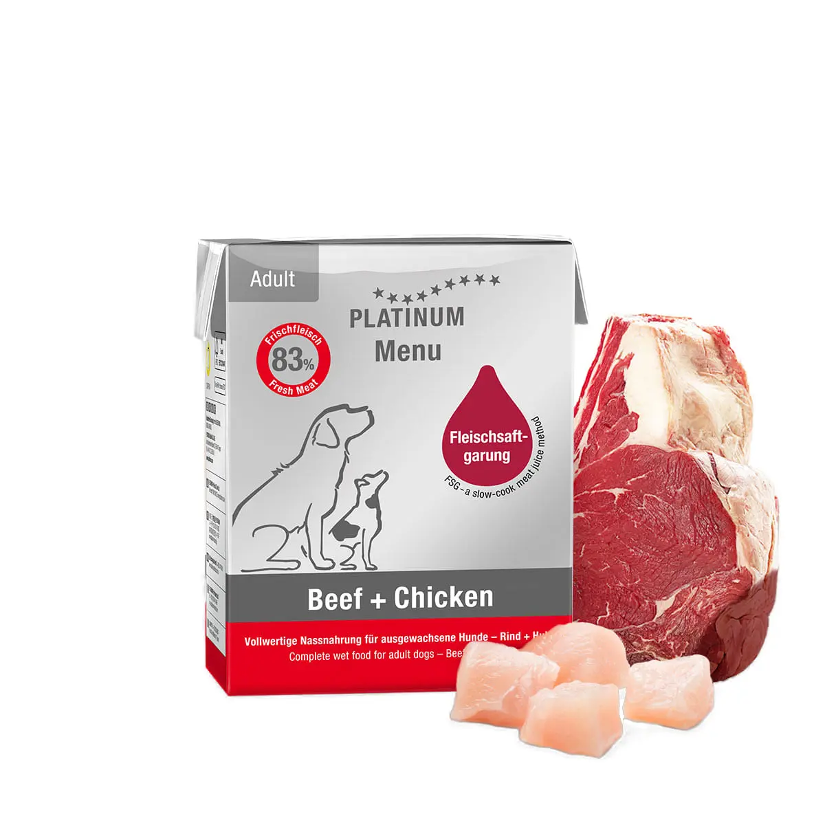 PLATINUM Menu Adult, XS-XL, Vita si Pui, tetra pack hrana umeda fara cereale caini, (in suc propriu), 185g