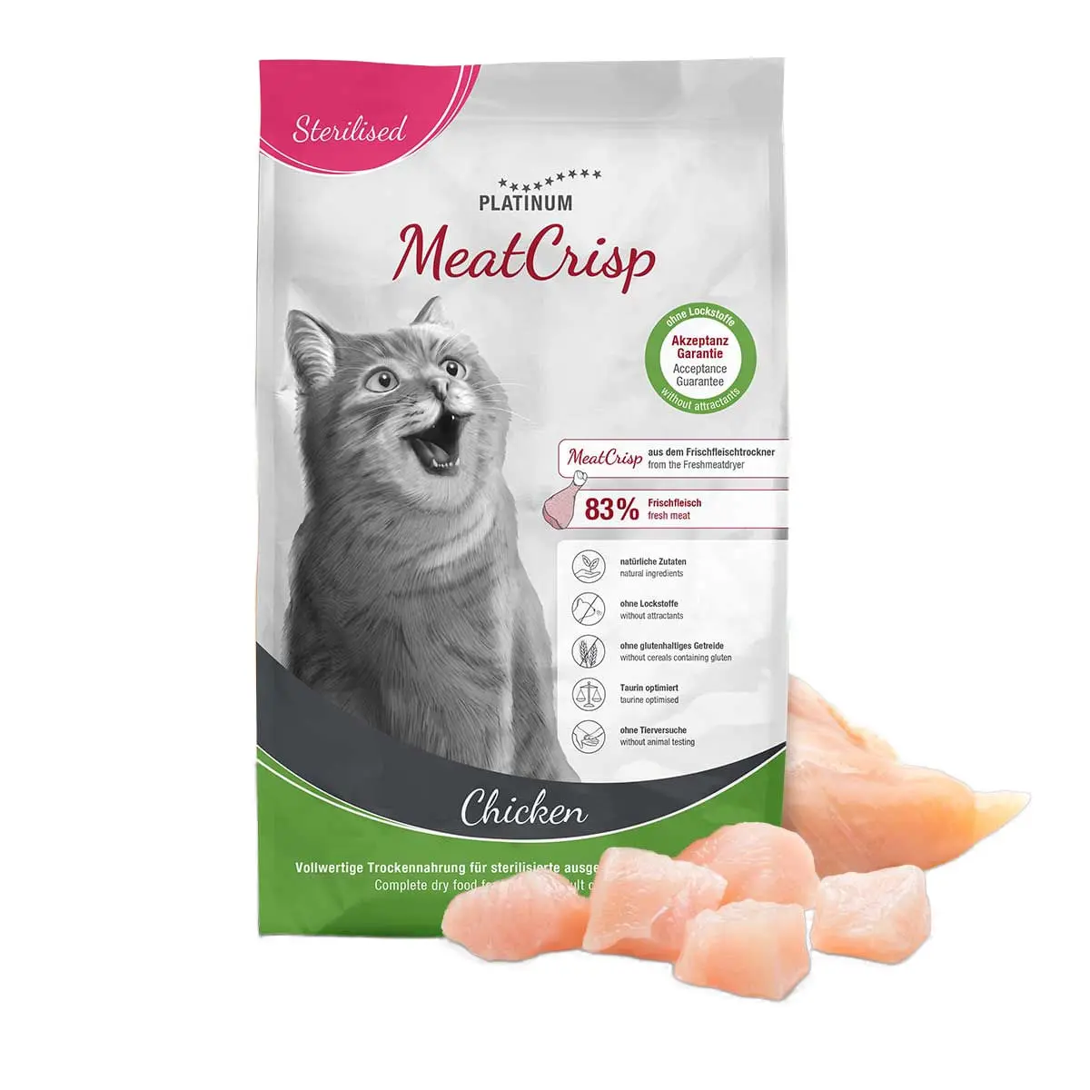 PLATINUM MeatCrisp Sterilised , Pui, hrana uscata pisici sterilizate, deshidratat, 3kg