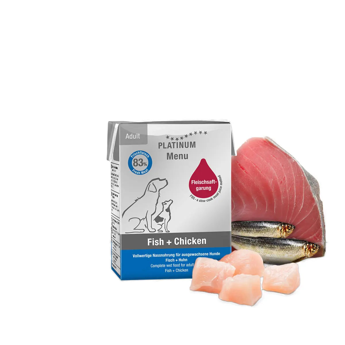 PLATINUM Menu Adult, XS-XL, Peste si Pui, tetra pack hrana umeda fara cereale caini, (in suc propriu), 185g