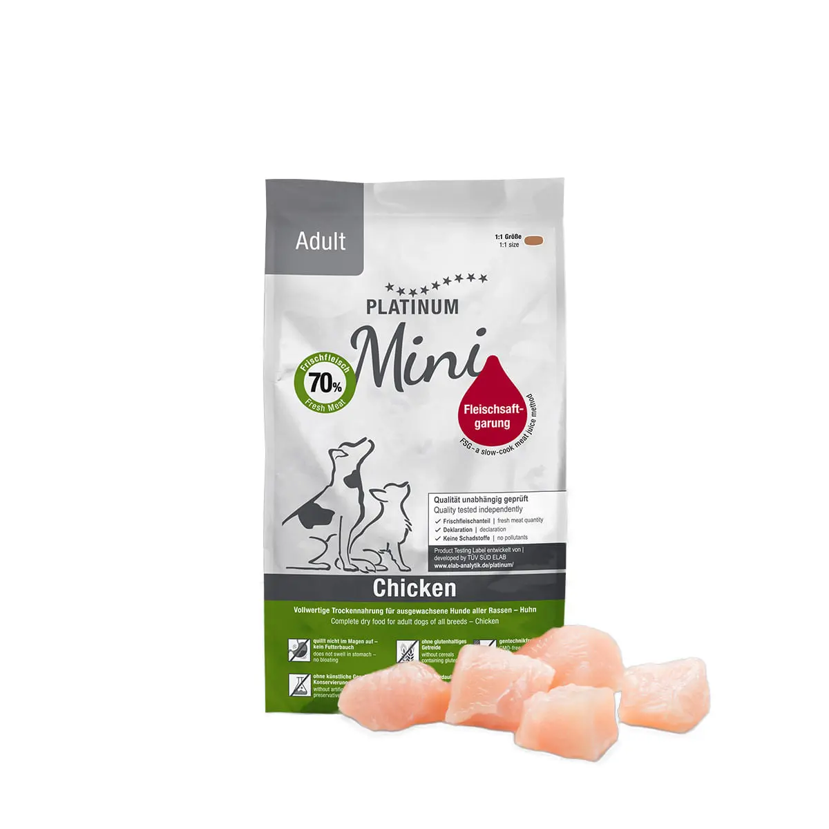 PLATINUM Adult Mini, XS-S, Pui, hrana uscata caini, semimoist, 900g