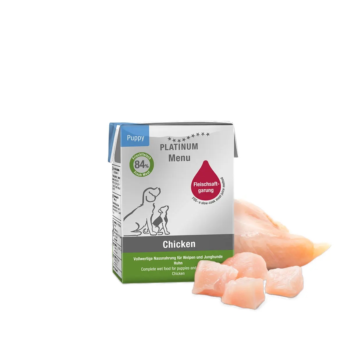 PLATINUM Menu Puppy, XS-XL, Pui, tetra pack hrana umeda fara cereale caini junior, (in suc propriu), 185g