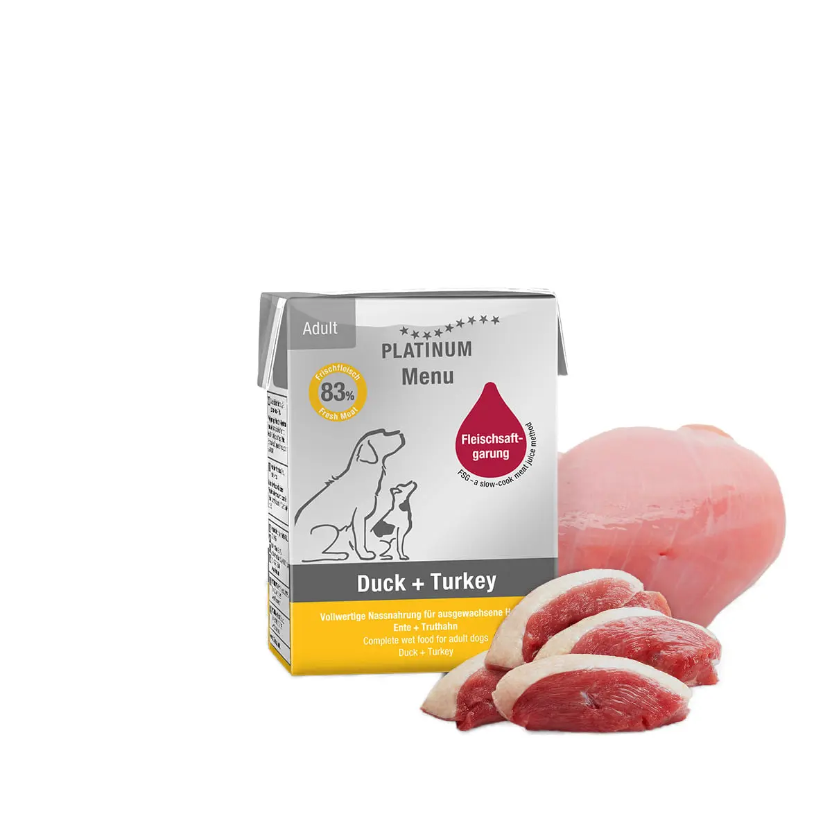 PLATINUM Menu Adult, XS-XL, Rata si Curcan, tetra pack hrana umeda fara cereale caini, (in suc propriu), 185g