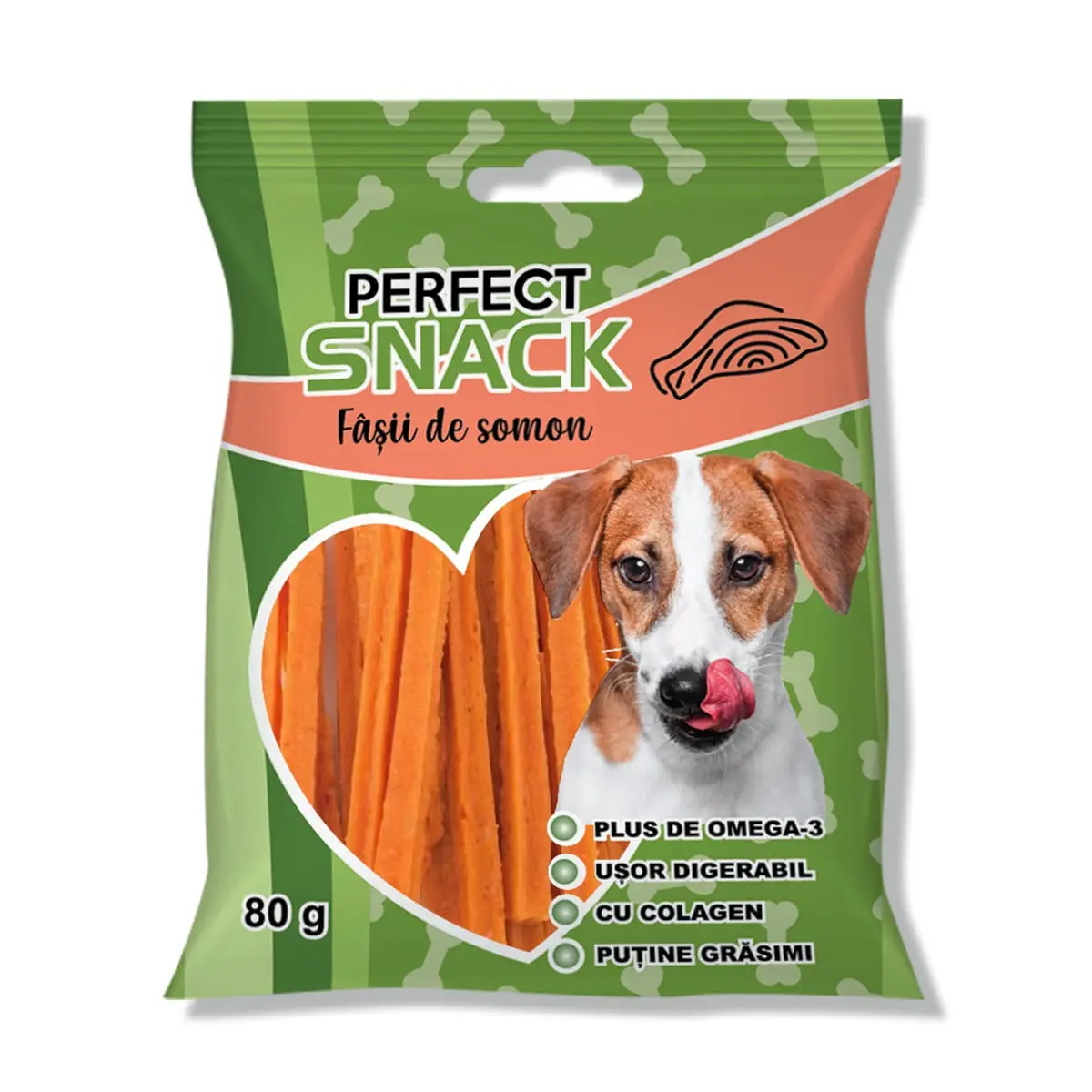 PERFECT SNACK Fasii, XS-XL, Somon, punguta recompense caini, 80g