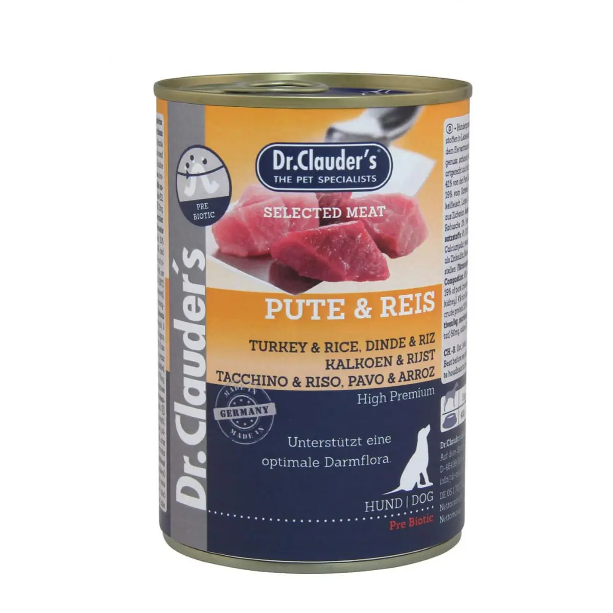 DR. CLAUDER'S Selected Meat, XS-XL, Curcan si Orez, conserva hrana umeda caini, (in suc propriu), 400g