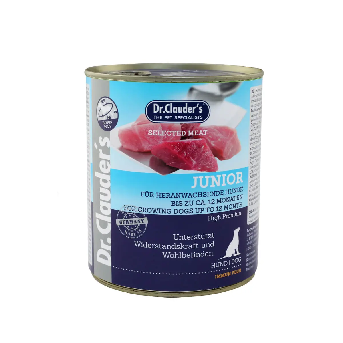 DR. CLAUDER'S Selected Meat Junior, XS-XL, Vita si Pasare, conserva hrana umeda fara cereale caini junior, (in suc propriu), 800g