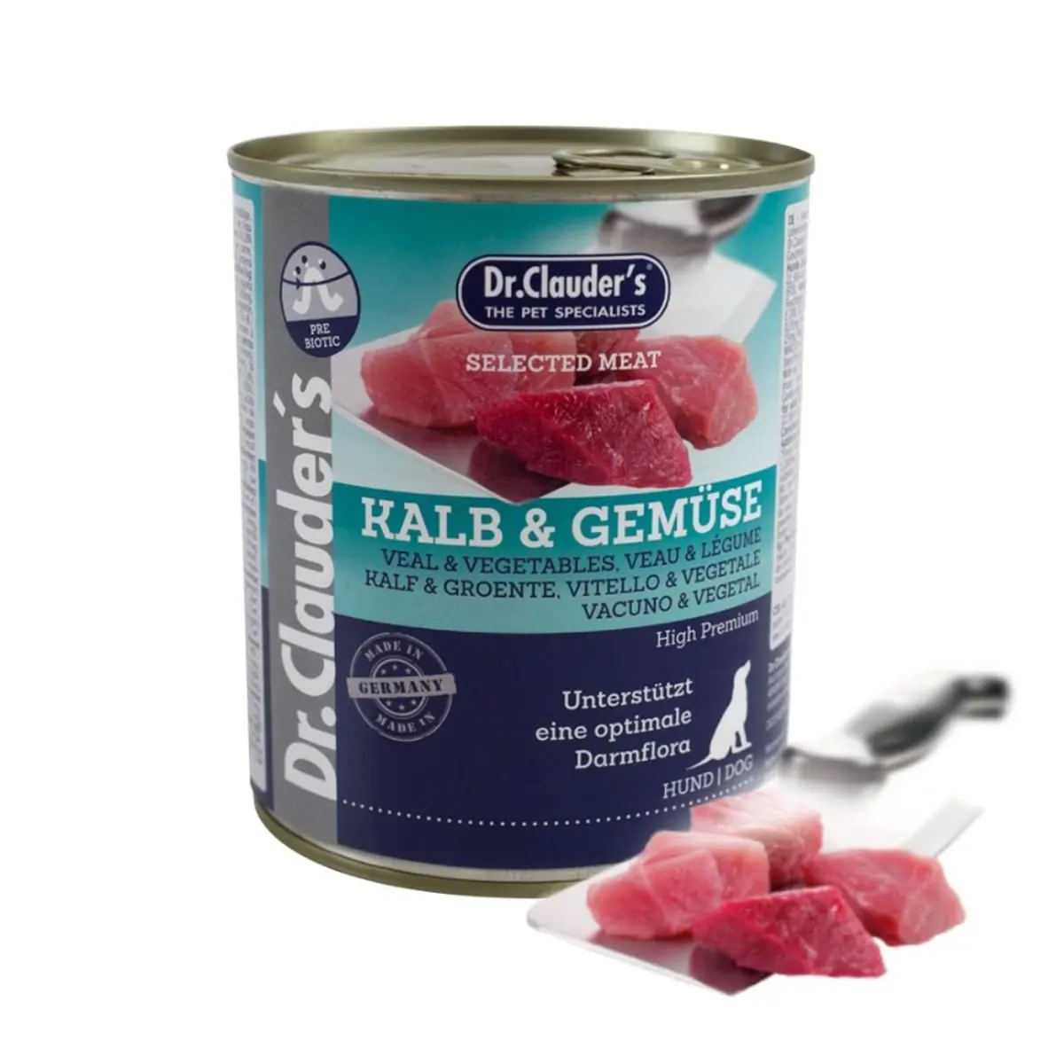 DR. CLAUDER'S Selected Meat, XS-XL, Vitel si Legume, conserva hrana umeda fara cereale caini, (in suc propriu), 800g