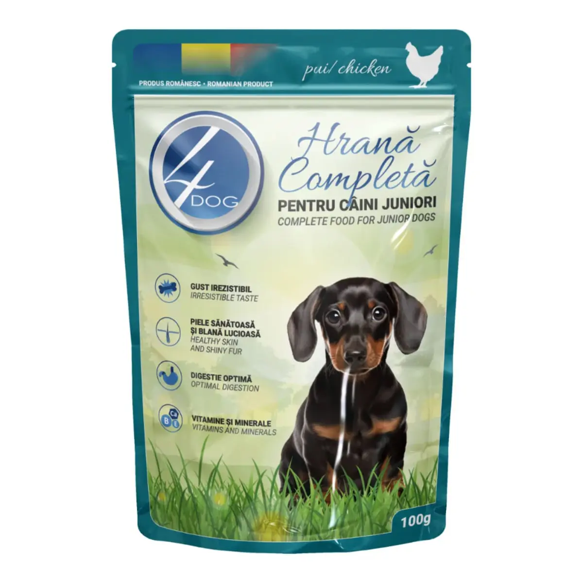 4DOG Junior, XS-XL, Pui, plic hrana umeda caini junior, (in sos), 100g