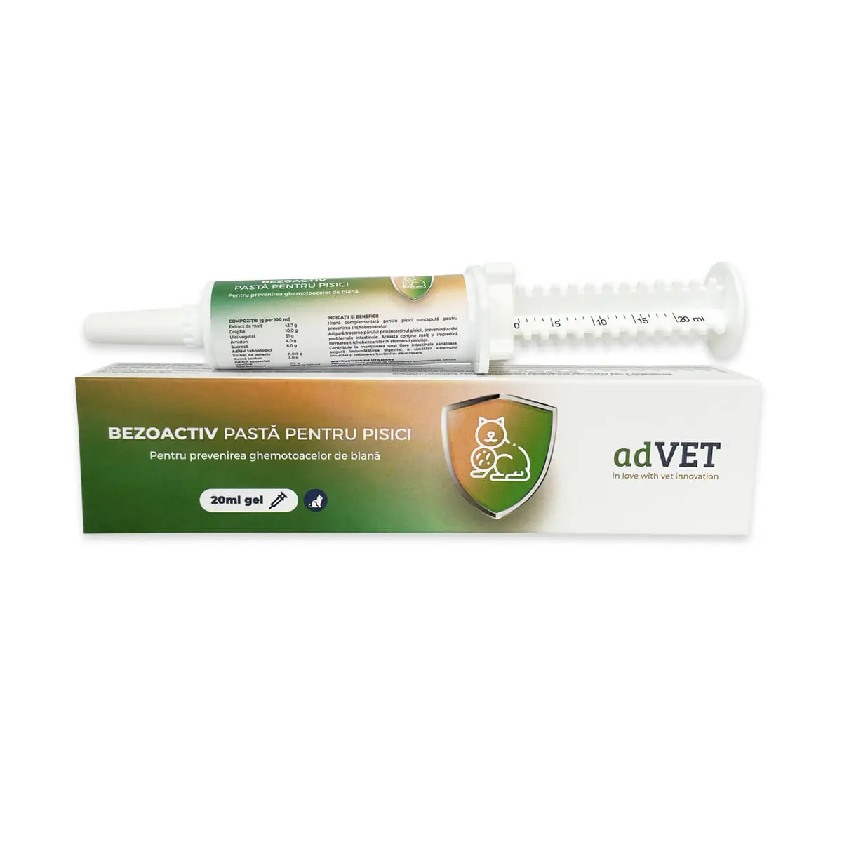 ADVET BenzoActiv, supliment sistem digestiv, limitarea ghemurilor de blana pisici, pasta orala ADVET BenzoActiv, supliment sistem digestiv, limitarea ghemurilor de blana pisici, flacon cu aplicator, 20ml pasta orala
