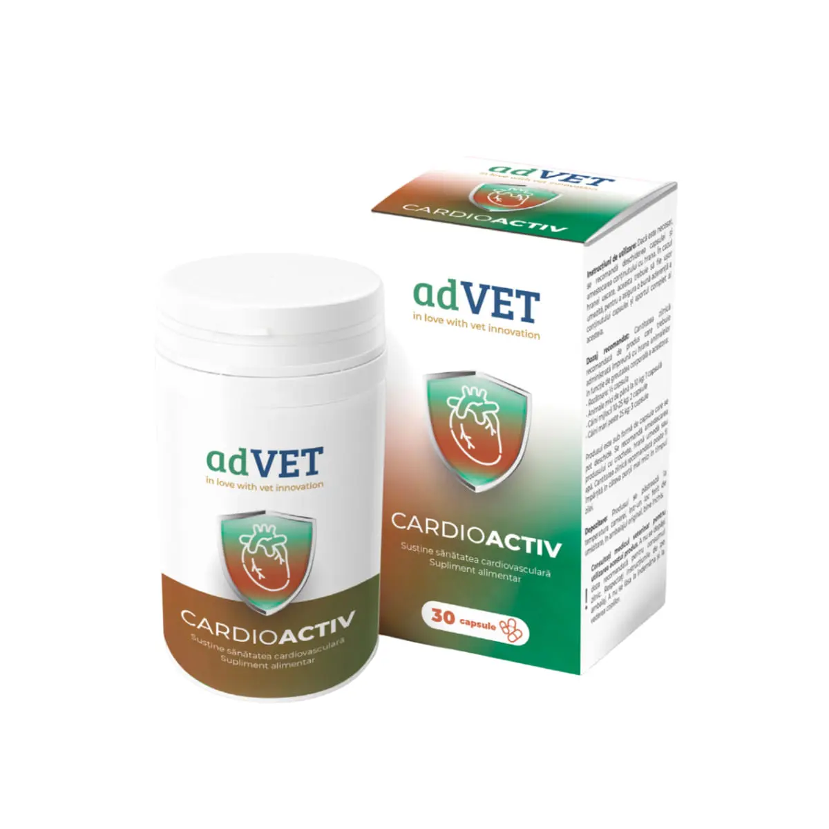 ADVET CardioActiv, supliment sistem cardio-vascular caini, capsule ADVET CardioActiv, XS-XL, supliment sistem cardio-vascular caini si pisici, flacon, 30 capsule