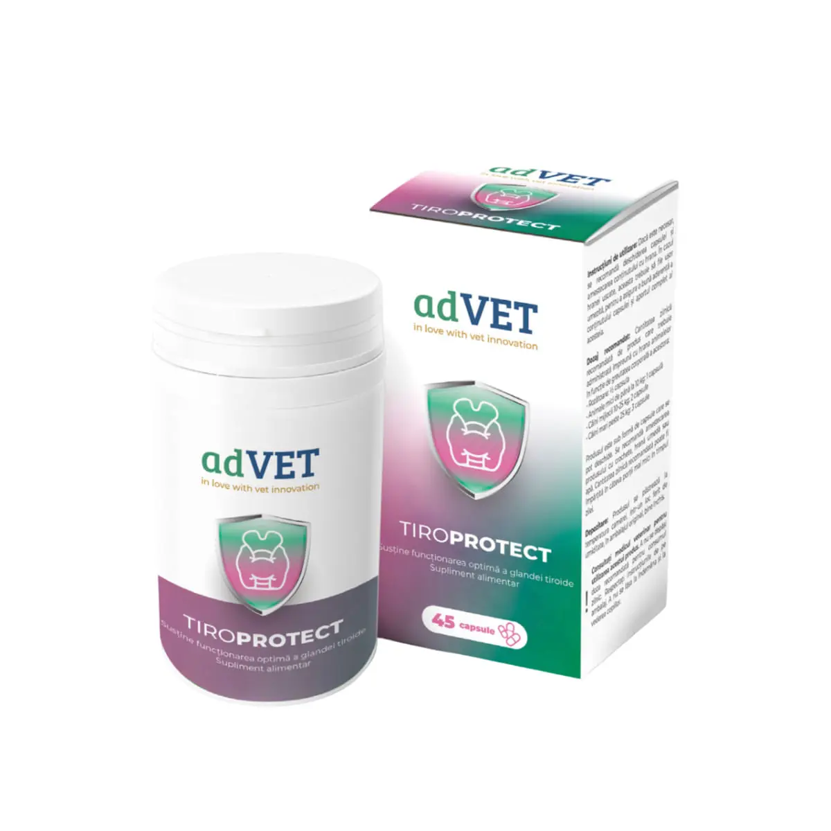 ADVET TiroProtect, supliment sistem imunitar, tiroida caini, capsule ADVET TiroProtect, XS-XL, supliment sistem imunitar, tiroida caini si pisici, flacon, 45 capsule
