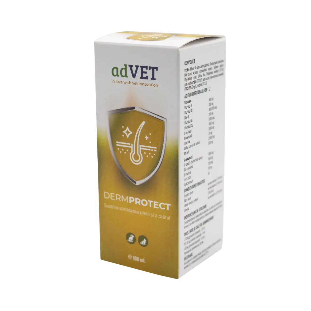 ADVET DermoProtect, supliment piele & blana, sistem imunitar caini, suspensie orala ADVET DermoProtect, XS-XL, supliment piele & blana, sistem imunitar caini si pisici, flacon cu aplicator, 100ml suspensie orala
