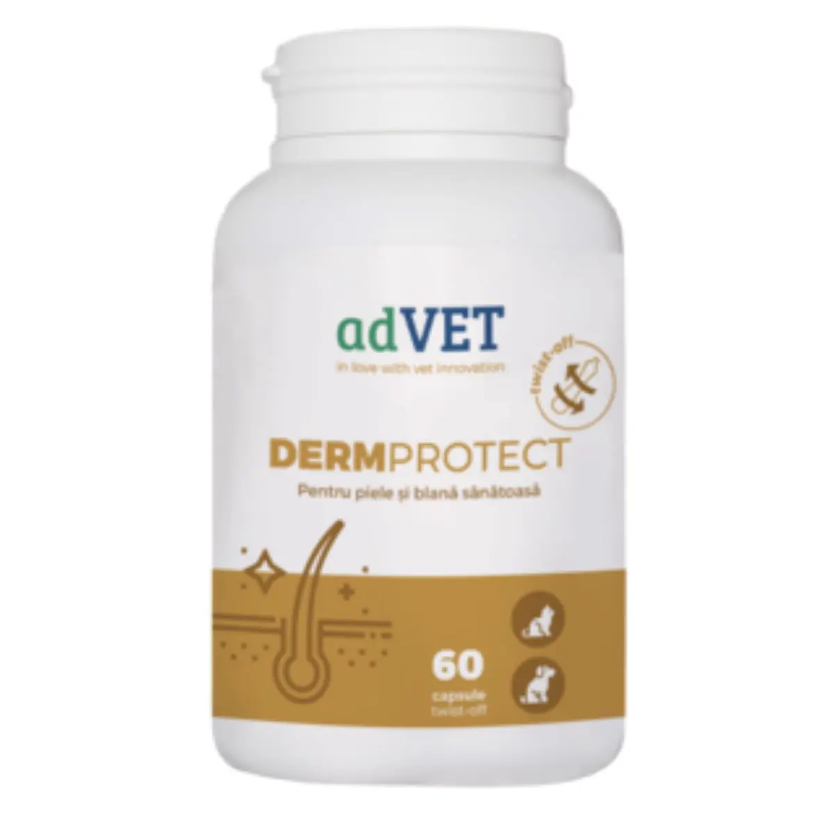ADVET DermProtect Twist Off, supliment piele & blana caini, capsule ADVET DermProtect Twist Off, XS-XL, supliment piele & blana caini si pisici, flacon, 60 capsule