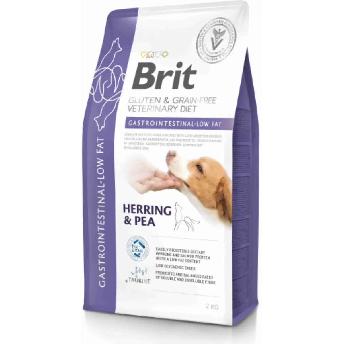 BRIT VD Gastrointestinal Low Fat, XS-XL, Hering, dieta veterinara, hrana uscata fara cereale caini, sistem digestiv, 2kg