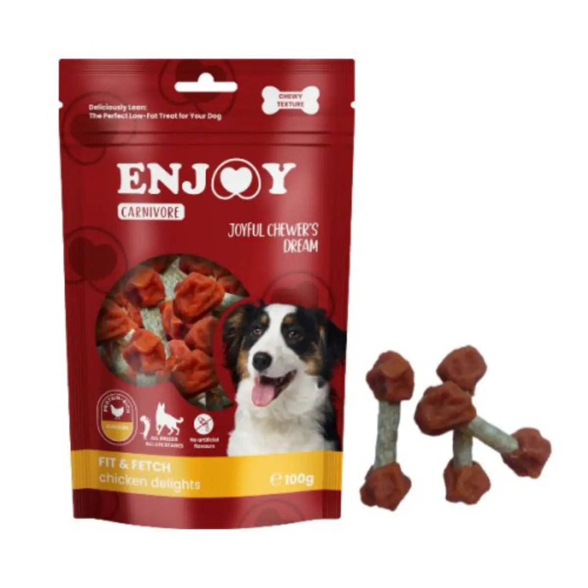 ENJOY Carnivore Fit Fetch Delights, XS-XL, Pui, punguta recompense caini, 100g