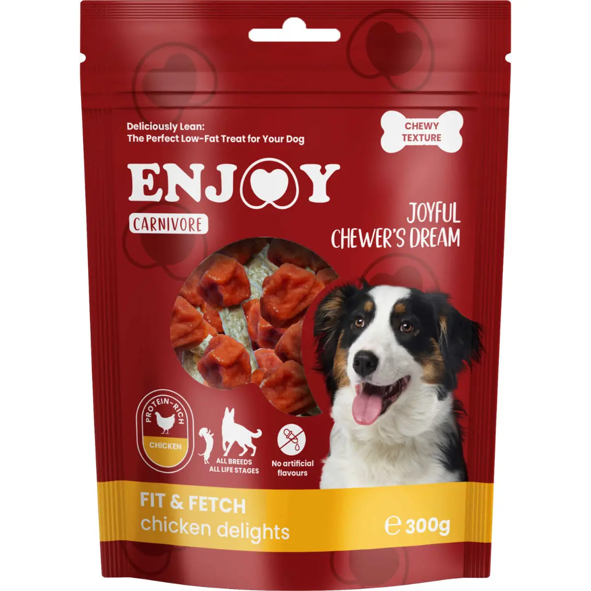 ENJOY Carnivore Fit Fetch Delights, XS-XL, Pui, punguta recompense caini, 300g
