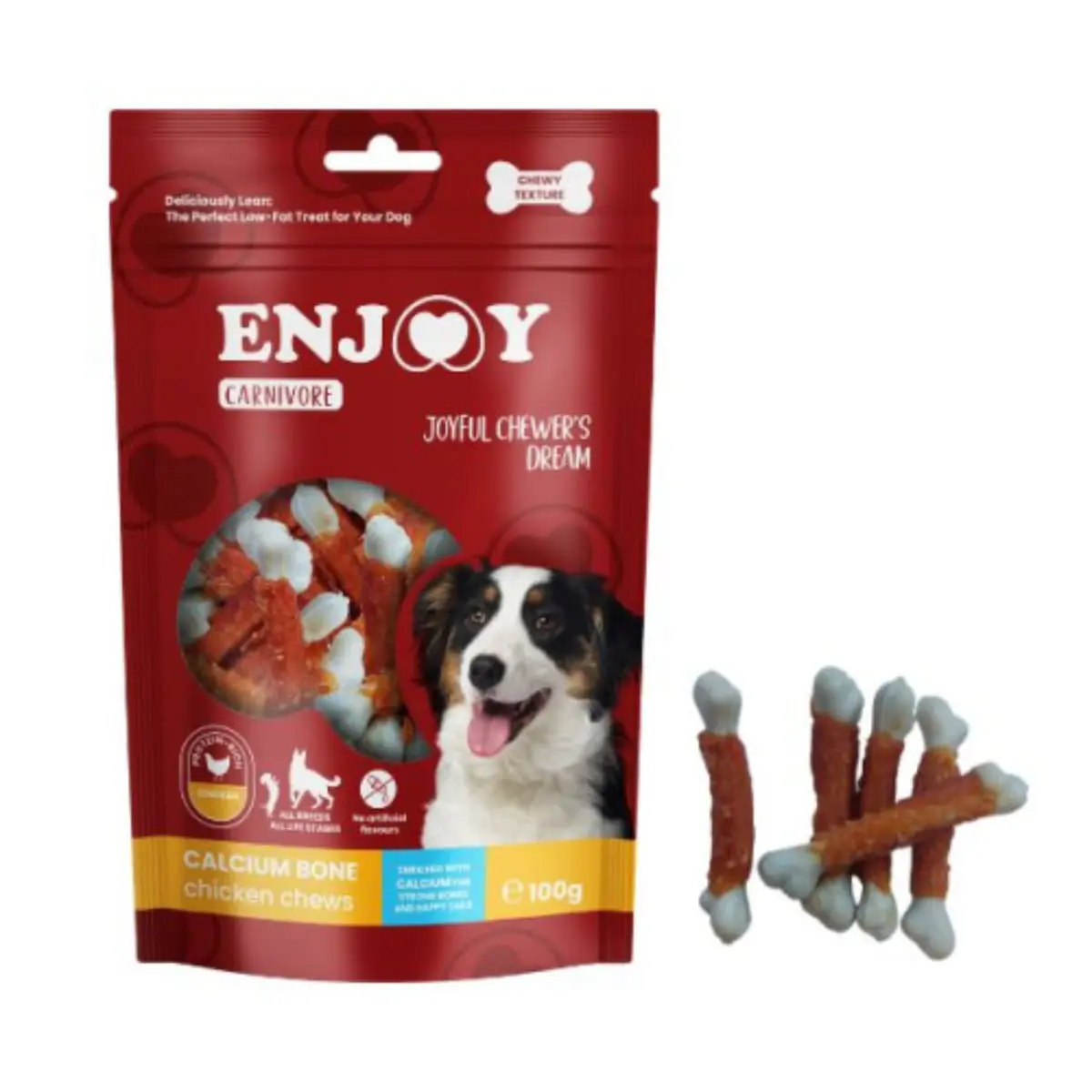 ENJOY Carnivore Calcium Bone Chews, XS-XL, Pui, punguta recompense caini, 100g