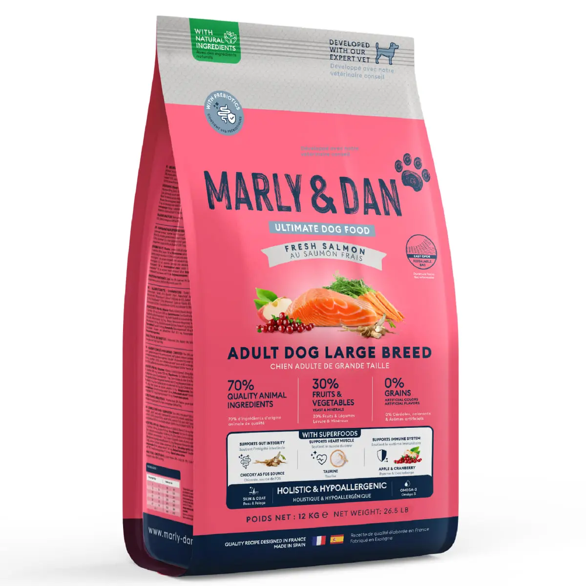 MARLY&DAN Adult Large Breed, L-XL, Somon, hrana uscata fara cereale caini, 12kg